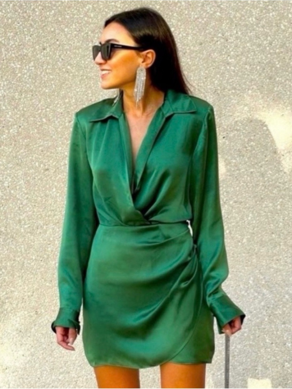 Zara Woman Short Satin Effect Wrap Dress Emerald Green Small